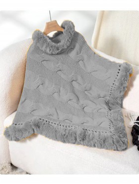 Solid Color Knitted Poncho W/ Fur Collar & Trim